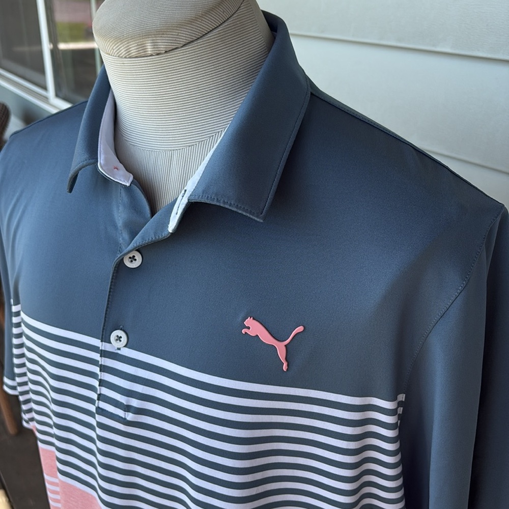 Puma Men's Blue/light gray and Pink Striped Polo Shirt. XL. Great condition. - Picture 2 of 5